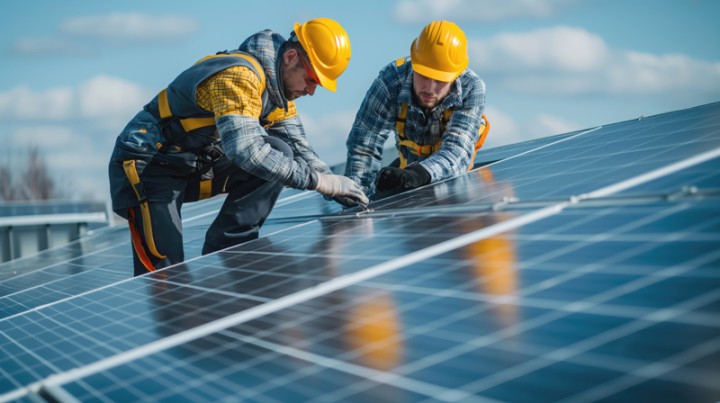 Twee professionals met gele helmen installeren zonnepanelen