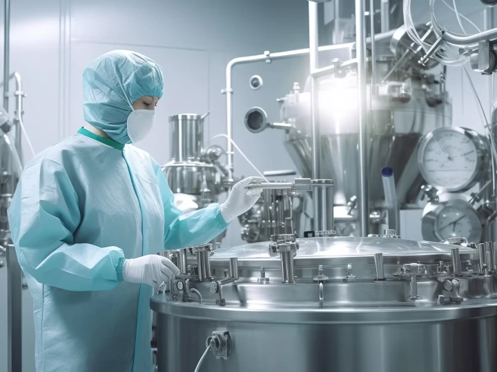 Picture of a male worker in protection gear in a chemical factory 