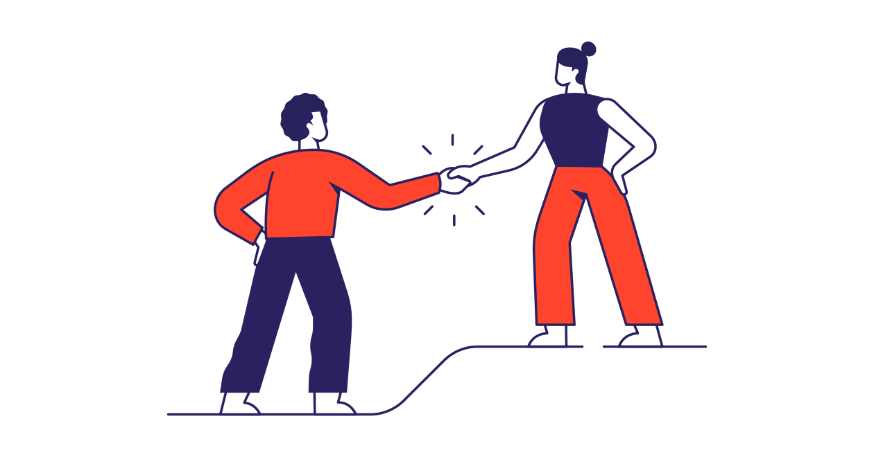 Gráfico de Unite para ilustrar el trabajo colaborativo. Dos personas se dan la mano.