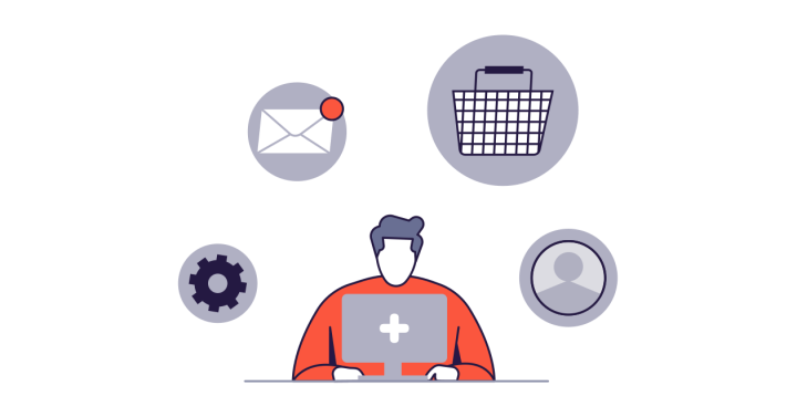 Gráfico de Unite para ilustrar la gestión de BusinessShops. Un hombre frente a la pantalla de un ordenador portátil está rodeado de iconos con una rueda, un sobre, una cesta de compras y una persona.
