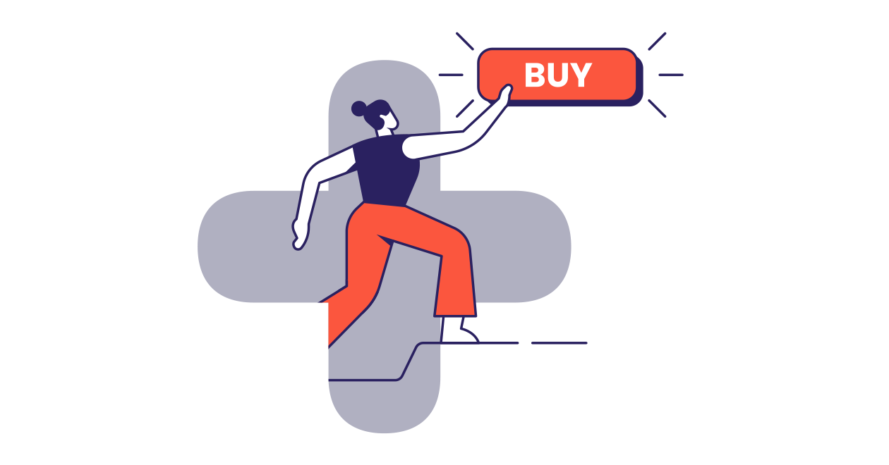 Gráfico de Unite para ilustrar un proceso de compra sencillo. Una mujer frente a un signo de más hace clic en un botón que dice «Comprar».