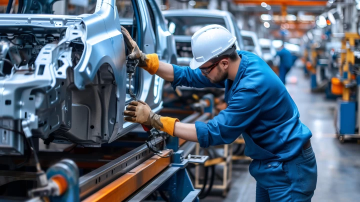 Immagine di un operaio in uno stabilimento di produzione di automobili che lavora su un telaio di autovetture