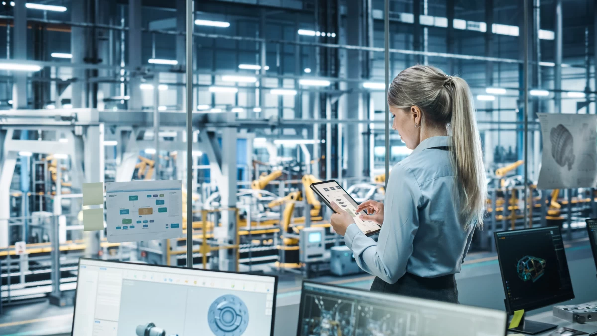 Hands holding a tablet and controlling a robot that's manufacturing a car in the background.