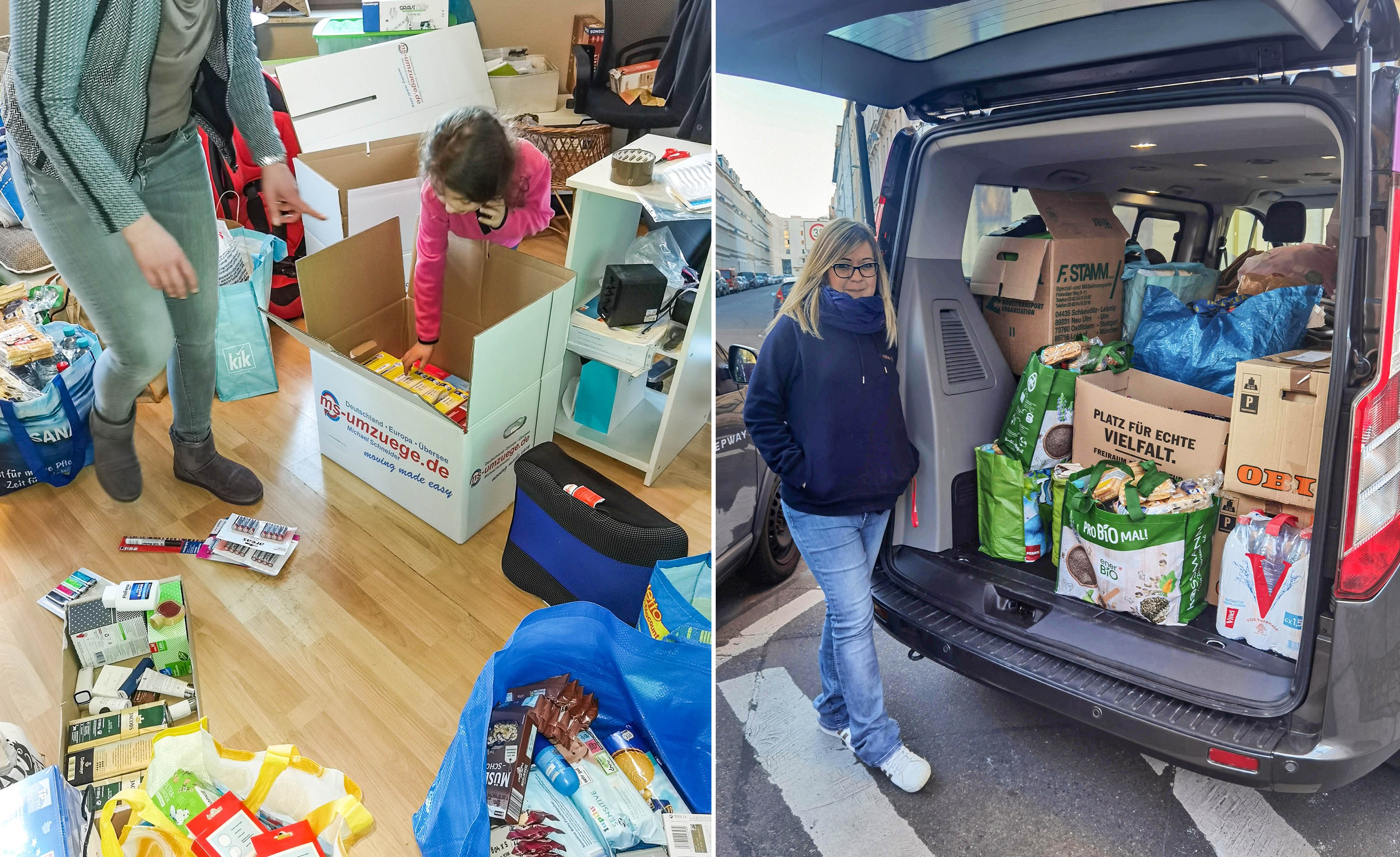 Zweigeteiltes Bild zeigt Spendenkartons mit einem Kind und eine Unite Mitarbeiterin vor einem vollgepackten Auto