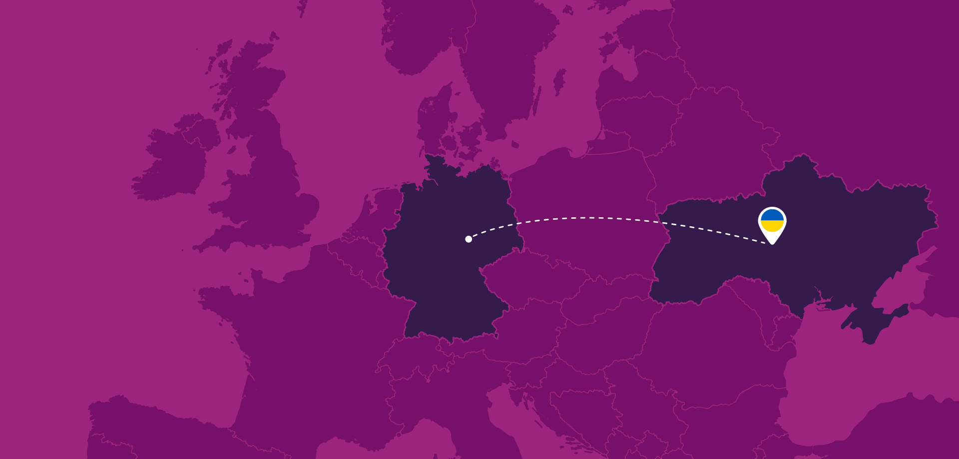 A map of Europe showing the distance between Germany and Ukraine